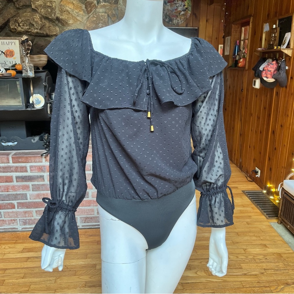 Lulu's Black Sheer Ruffle Bodysuit